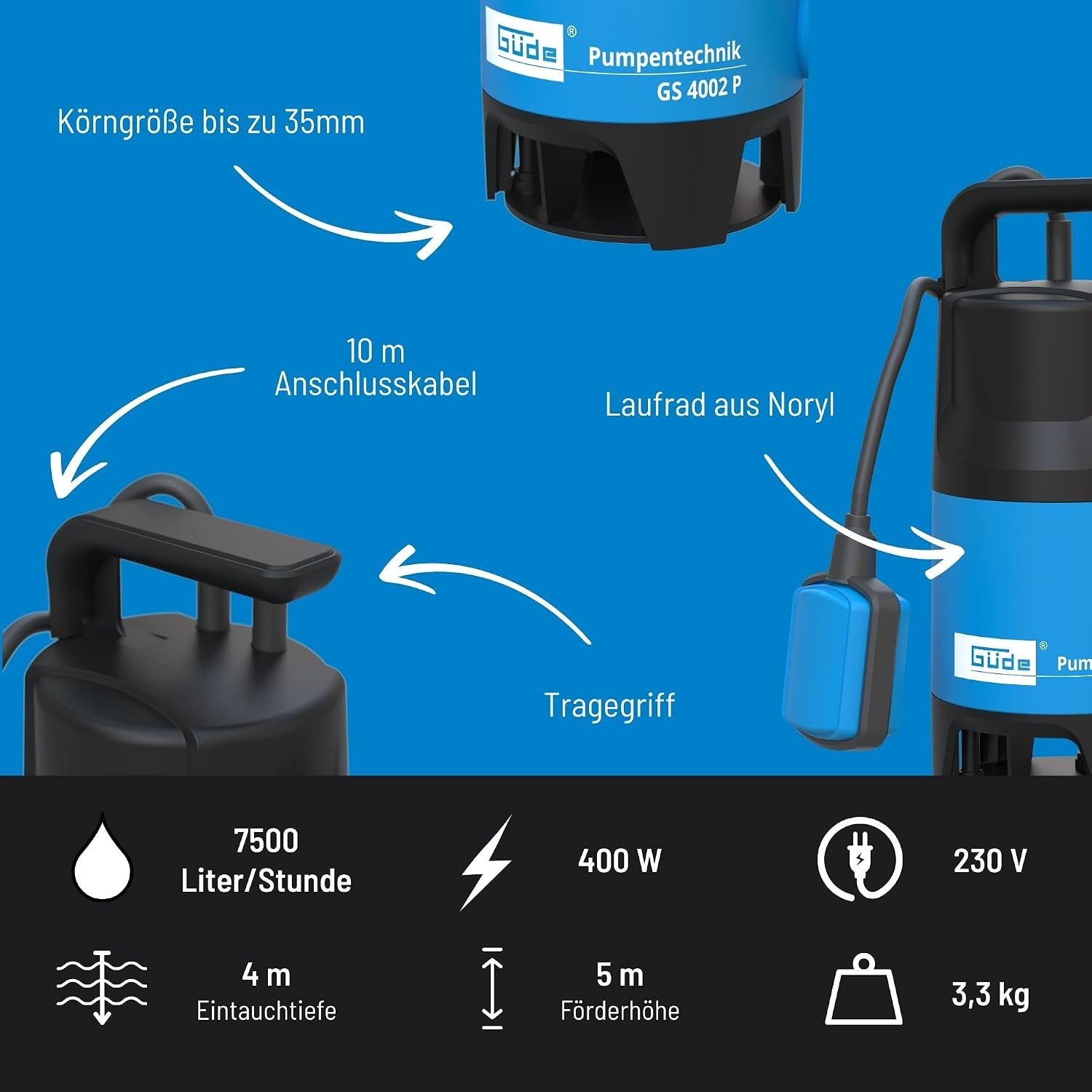 Güde 94630 - GS4002P - Dompelpomp voor afvalwater - Met vlotterschakelaar - 400 W - 7500 l/h Maximale opvoerhoogte 5 m [Energieklasse A], blauw/zwart