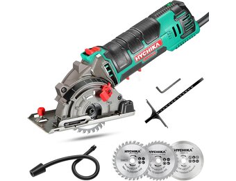HYCHIKA Cirkelzaag, 500W Mini cirkelzaag, 4500 RPM, Zaagdiepte: 0-25 mm, Zuivere kopermotor, 3 messen voor het zagen van hout, zacht metaal, tegels en plastic