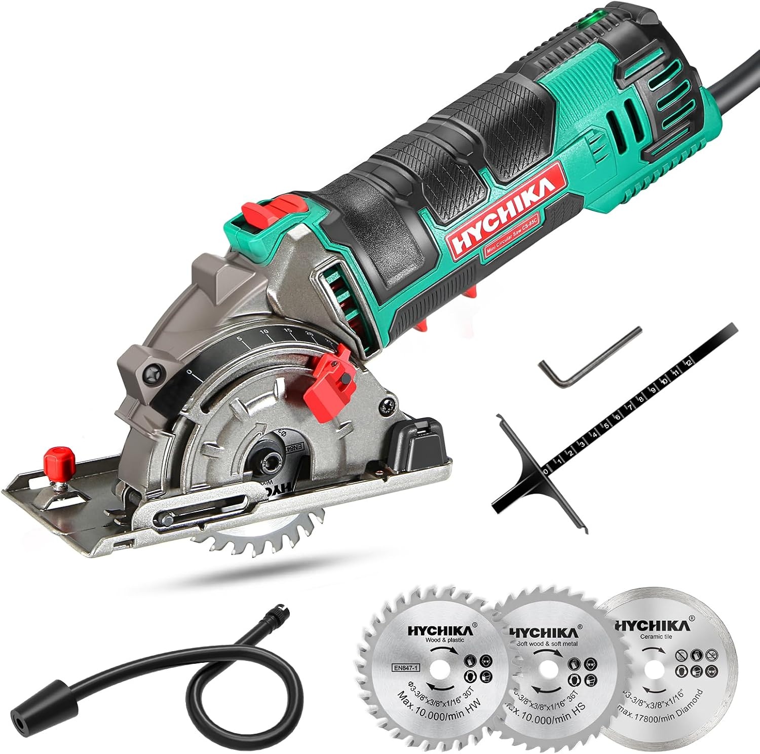 HYCHIKA Cirkelzaag, 500W Mini cirkelzaag, 4500 RPM, Zaagdiepte: 0-25 mm, Zuivere kopermotor, 3 messen voor het zagen van hout, zacht metaal, tegels en plastic