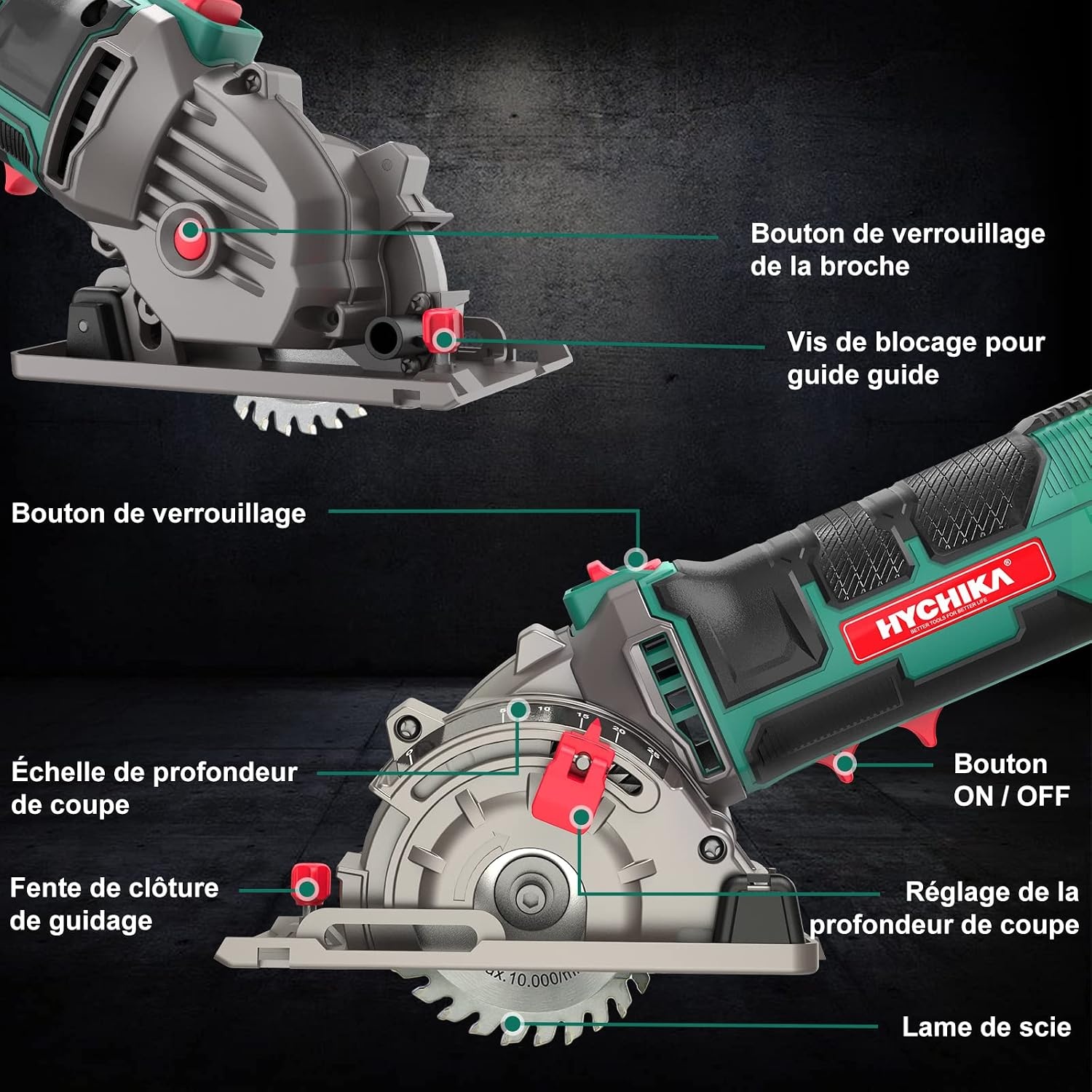 HYCHIKA Cirkelzaag, 500W Mini cirkelzaag, 4500 RPM, Zaagdiepte: 0-25 mm, Zuivere kopermotor, 3 messen voor het zagen van hout, zacht metaal, tegels en plastic