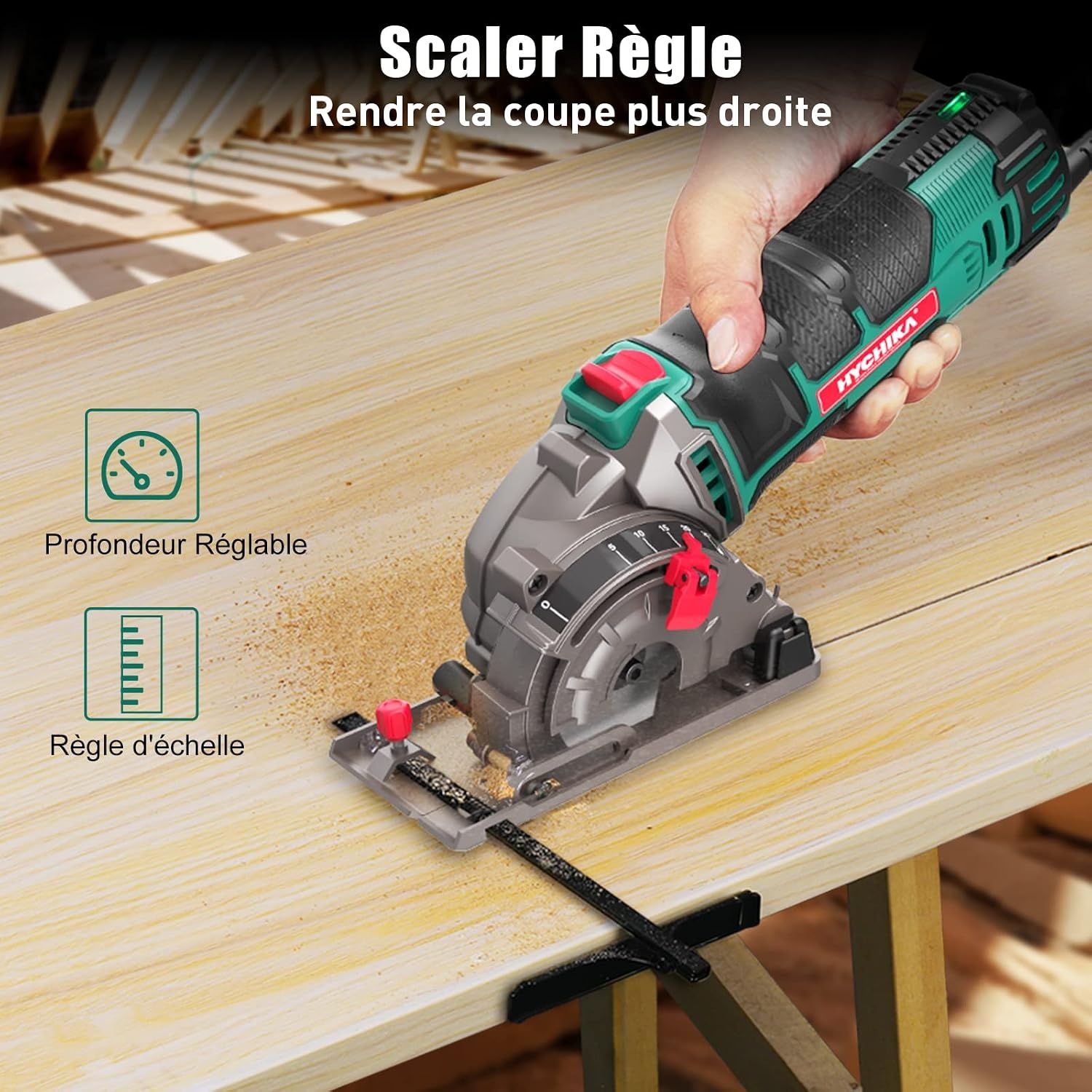 HYCHIKA Cirkelzaag, 500W Mini cirkelzaag, 4500 RPM, Zaagdiepte: 0-25 mm, Zuivere kopermotor, 3 messen voor het zagen van hout, zacht metaal, tegels en plastic