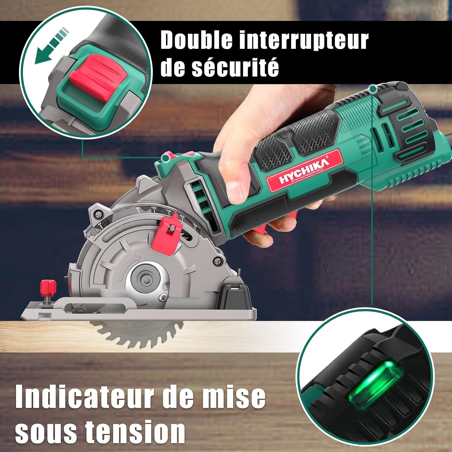 HYCHIKA Cirkelzaag, 500W Mini cirkelzaag, 4500 RPM, Zaagdiepte: 0-25 mm, Zuivere kopermotor, 3 messen voor het zagen van hout, zacht metaal, tegels en plastic