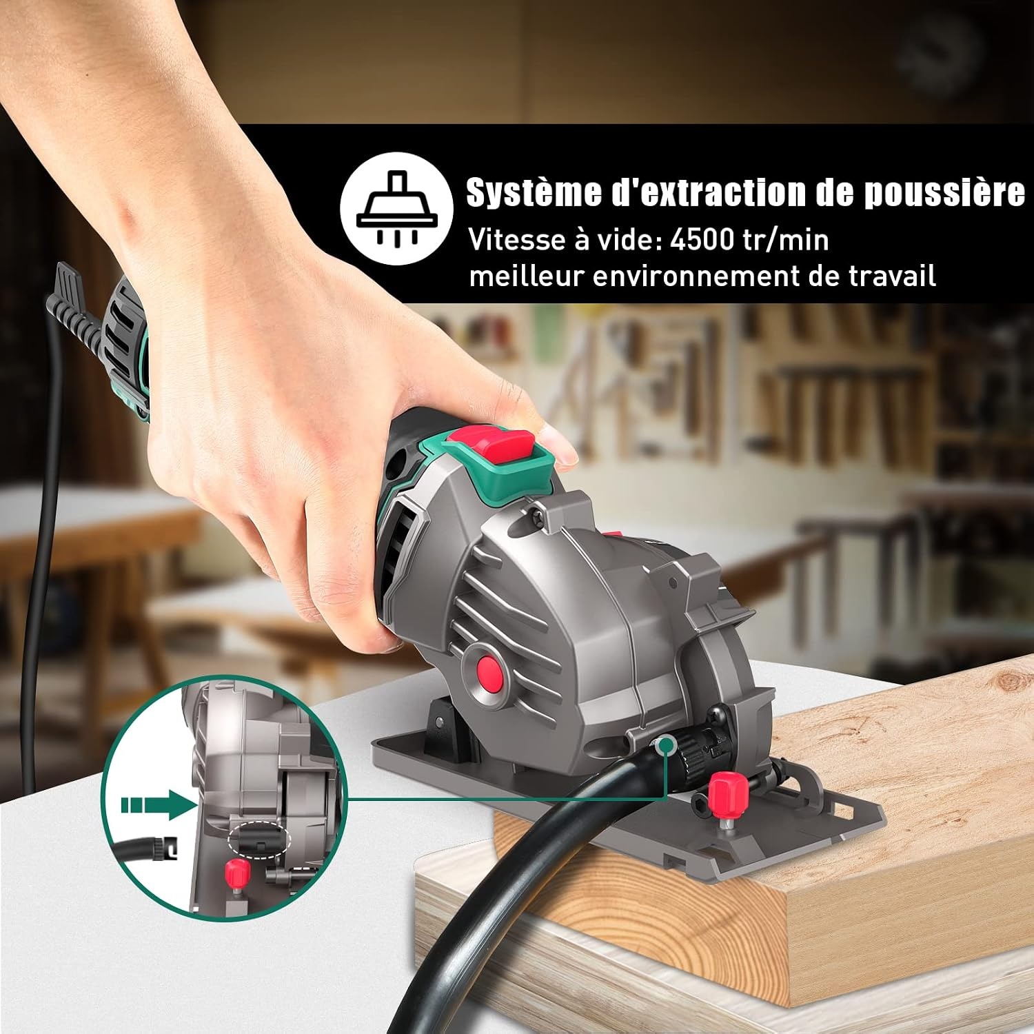 HYCHIKA Cirkelzaag, 500W Mini cirkelzaag, 4500 RPM, Zaagdiepte: 0-25 mm, Zuivere kopermotor, 3 messen voor het zagen van hout, zacht metaal, tegels en plastic