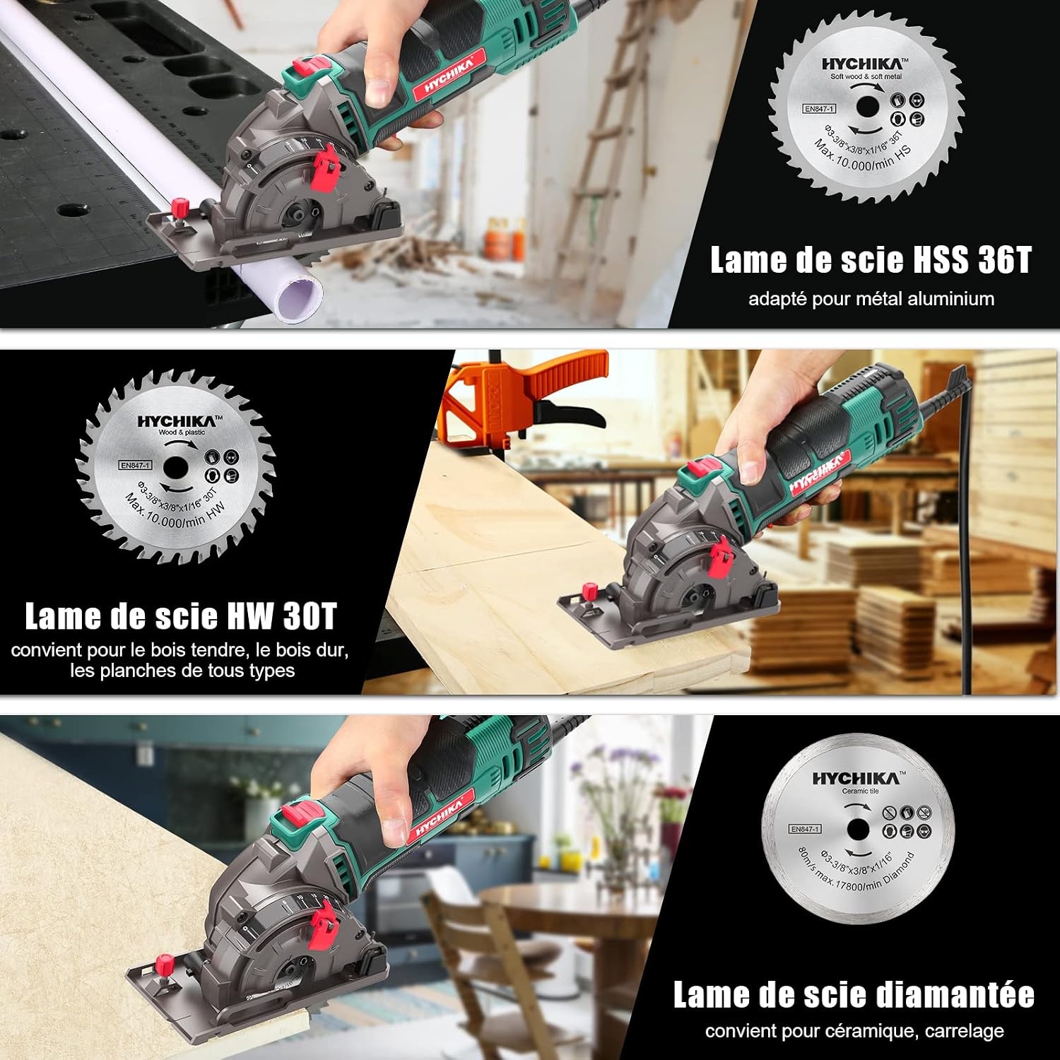 HYCHIKA Cirkelzaag, 500W Mini cirkelzaag, 4500 RPM, Zaagdiepte: 0-25 mm, Zuivere kopermotor, 3 messen voor het zagen van hout, zacht metaal, tegels en plastic