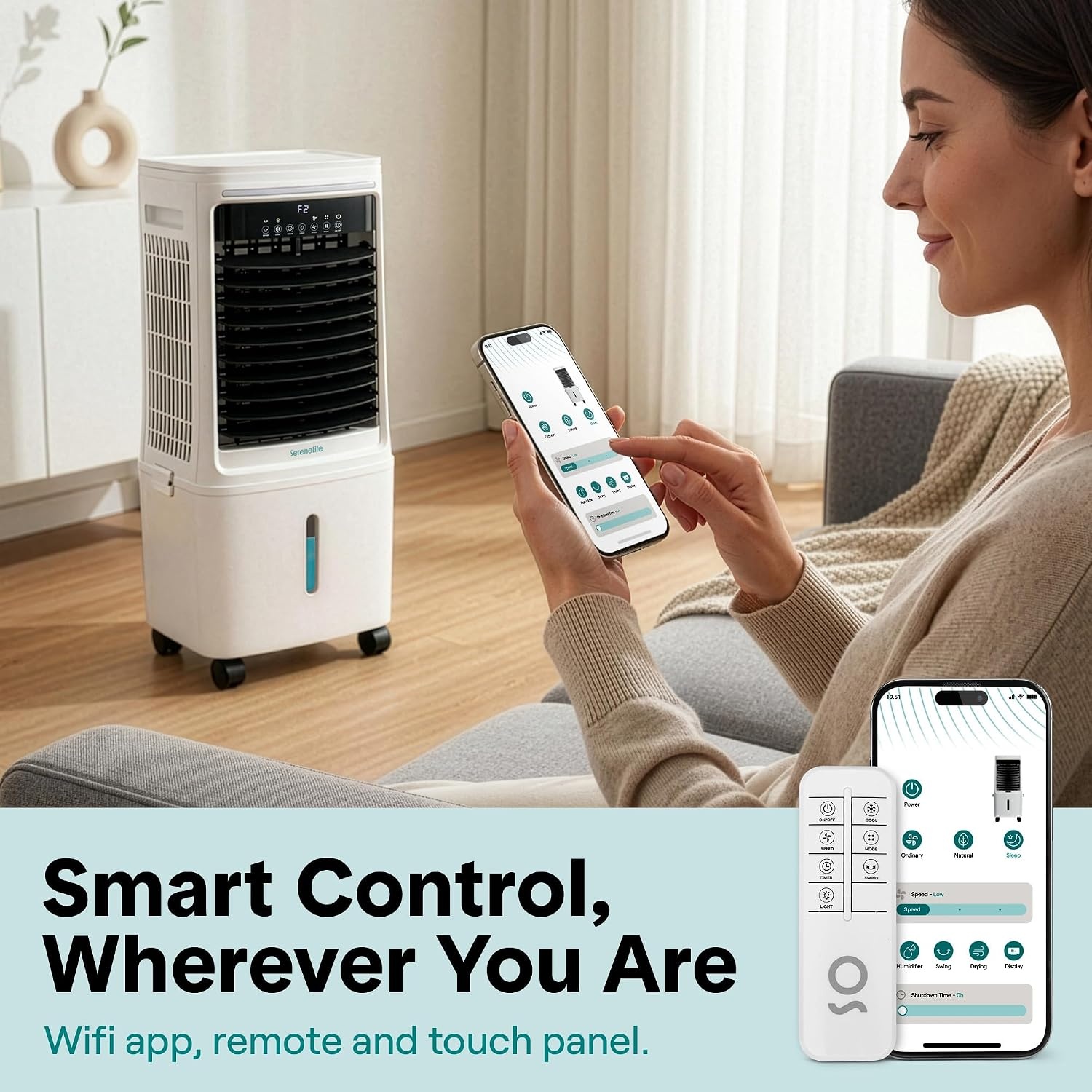SereneLife Evaporatieve Koeler en Ventilator – Krachtige Luchtstroom, 25L Waterreservoir, Wi-Fi en IJsfunctie – Ideaal voor Thuis en Kantoor