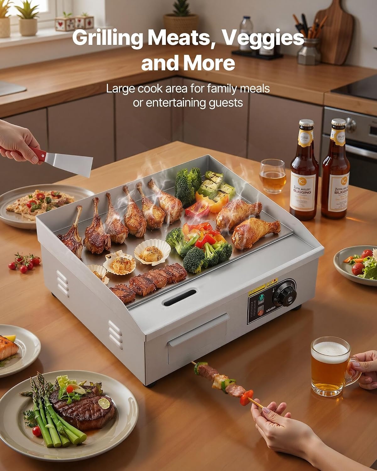 VEVOR Elektrische grillplaat voor commercieel koken, kookoppervlak 450 x 300 mm, dikte ijzeren plaat 8 mm, temperatuur instelbaar tussen 50 °C en 300 °C, voor steak, barbecue, grillgerechten