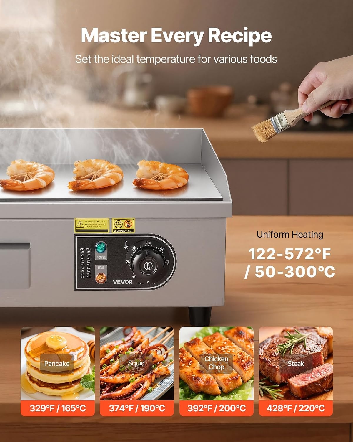 VEVOR Elektrische grillplaat voor commercieel koken, kookoppervlak 450 x 300 mm, dikte ijzeren plaat 8 mm, temperatuur instelbaar tussen 50 °C en 300 °C, voor steak, barbecue, grillgerechten