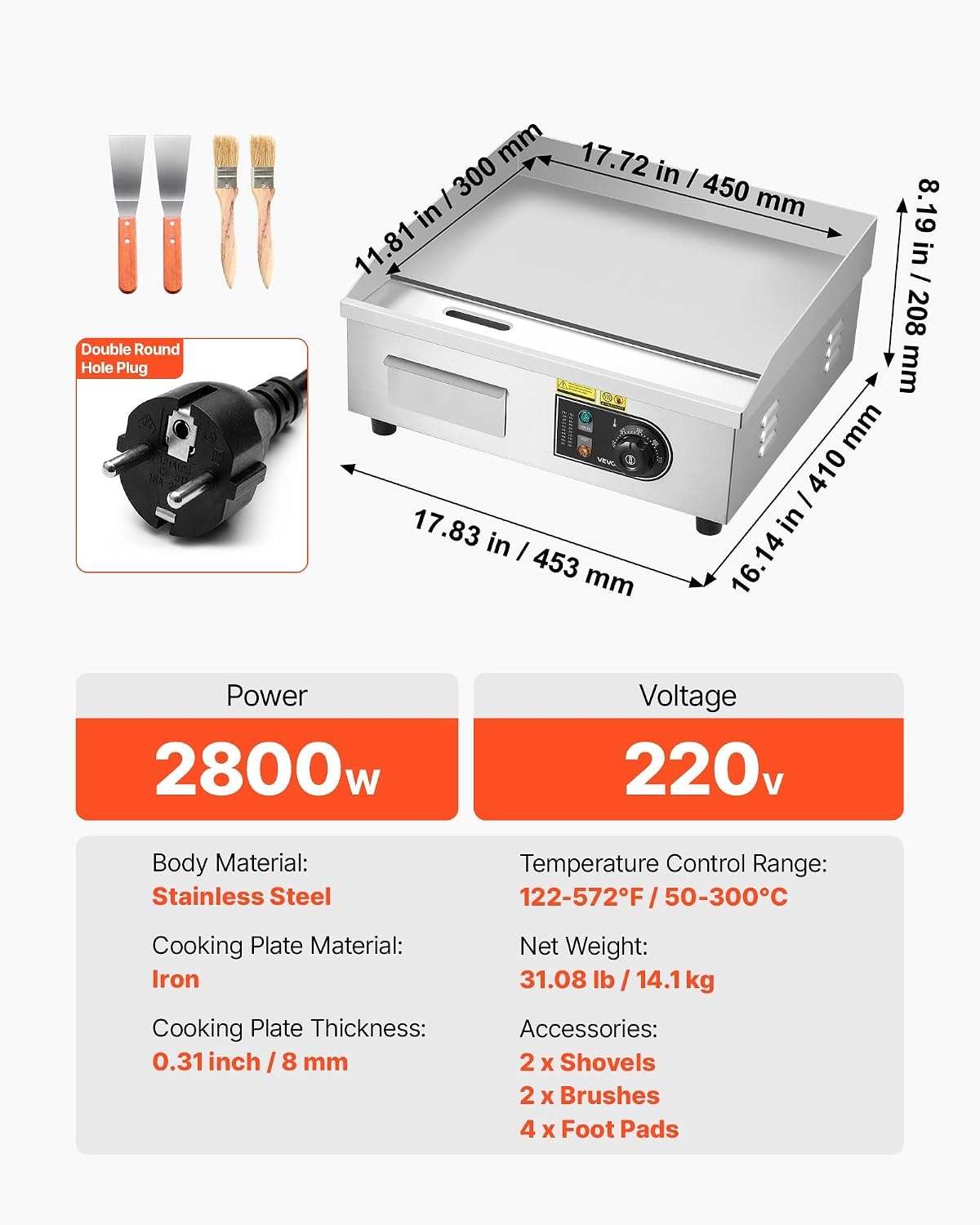 VEVOR Elektrische grillplaat voor commercieel koken, kookoppervlak 450 x 300 mm, dikte ijzeren plaat 8 mm, temperatuur instelbaar tussen 50 °C en 300 °C, voor steak, barbecue, grillgerechten