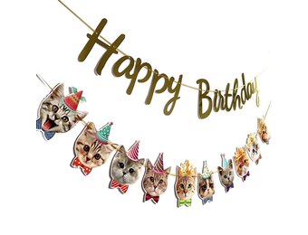 Katten Happy Birthday-banner, kattengezichtdecoratie, kattenverjaardagsslinger, kattenverjaardagsdecoratie, kroon, decoratie, katten, verjaardagsbanner voor kittenthema, verjaardagsfeestaccessoires