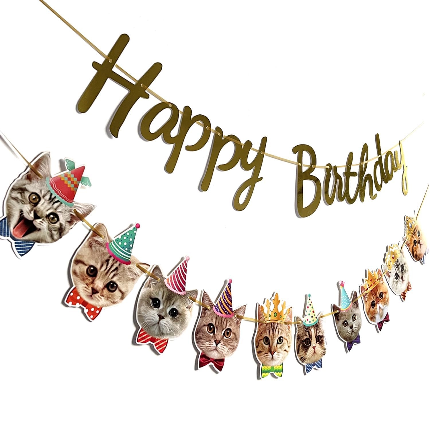 Katten Happy Birthday-banner, kattengezichtdecoratie, kattenverjaardagsslinger, kattenverjaardagsdecoratie, kroon, decoratie, katten, verjaardagsbanner voor kittenthema, verjaardagsfeestaccessoires