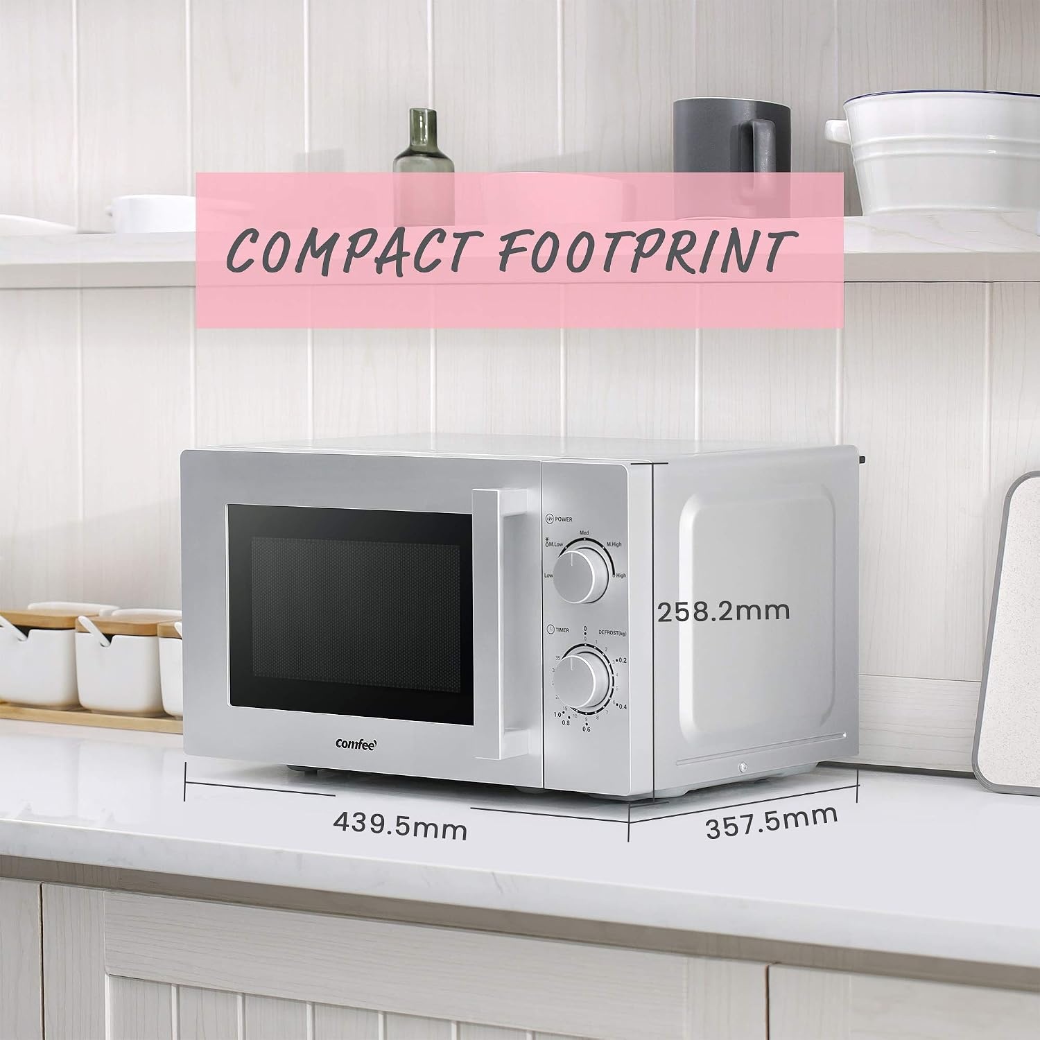 Comfee CMSN 20 si magnetron, solo-magnetron met 5 standen, binnenverlichting, easy derost, 360° draaiplateau, twee draaiknoppen, 20 l/700 W, zilver