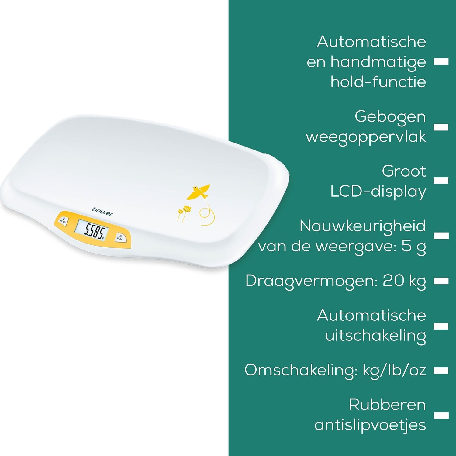 Beurer BY 80 Babyweegschaal met LCD Scherm, tot 20 kg, Gemakkelijk Schoon te Vegen, 550 x 310 x 53 mm, Wit/Geel