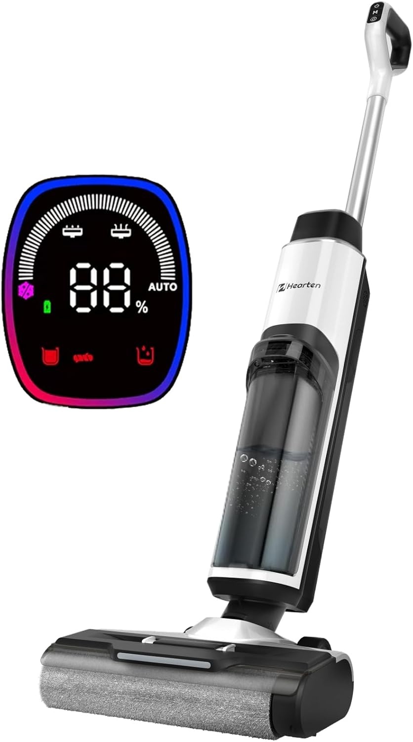 Hearten Nat-/droogzuiger met accu, dieptereinigingswater door elektrolyse genereren, spraakmelding, stofzuiger met dweilfunctie, zelfreiniging, led-display, voor harde vloeren, dierenharen