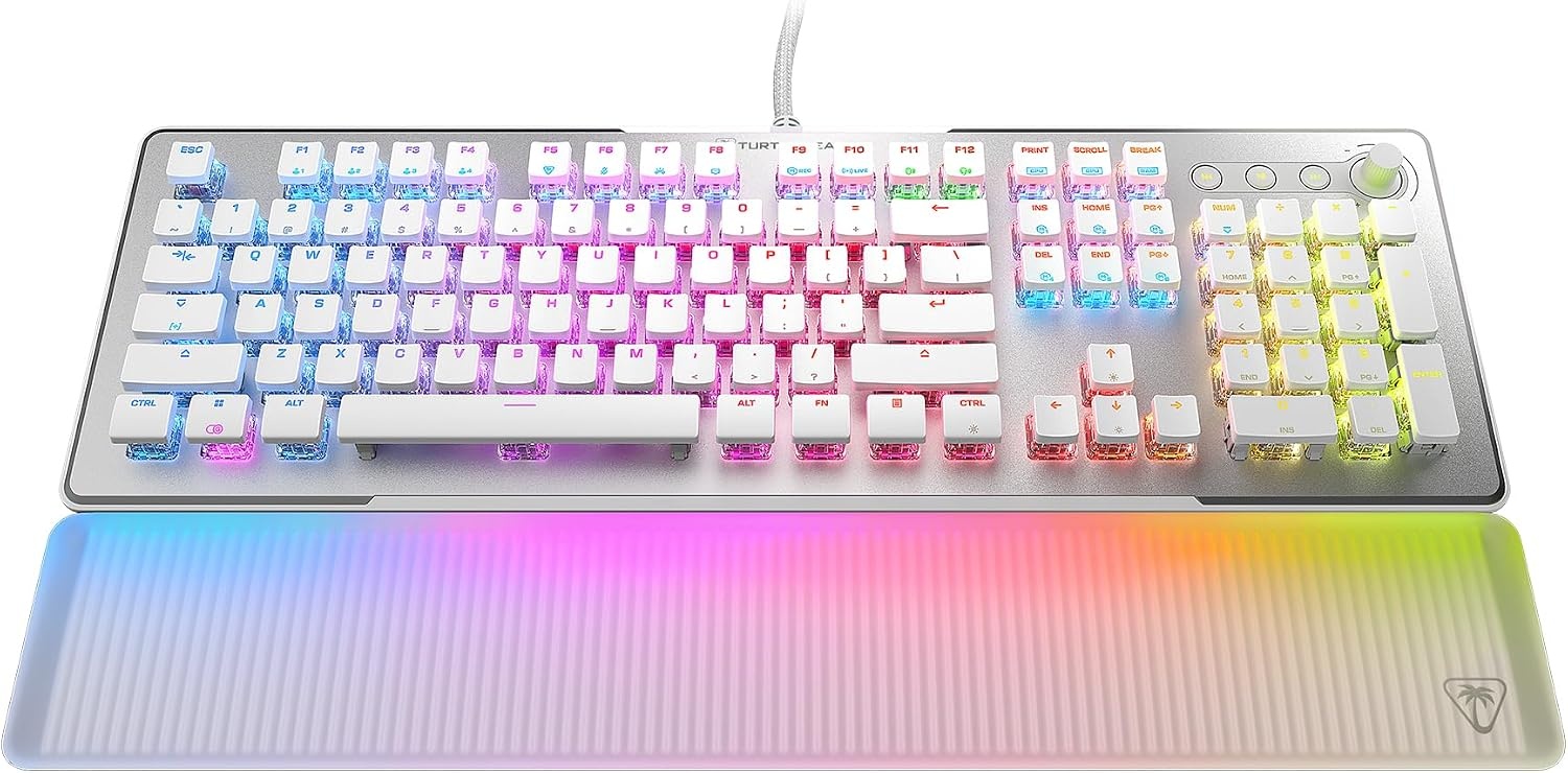 Turtle Beach Vulcan II Max Optisch-mechanisch pc-toetsenbord, aanpasbare RGB-verlichting, polssteun, lineaire Titan II-schakelaar, aluminium plaat, wit