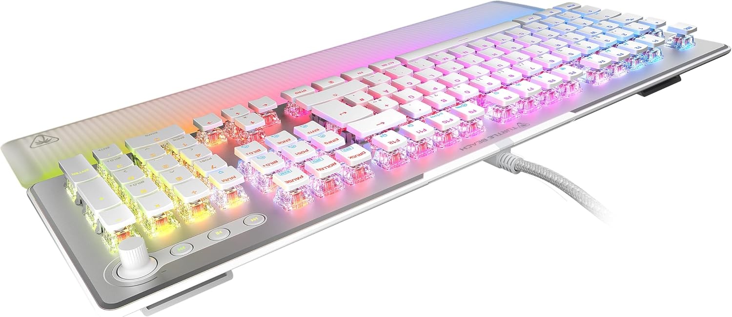 Turtle Beach Vulcan II Max Optisch-mechanisch pc-toetsenbord, aanpasbare RGB-verlichting, polssteun, lineaire Titan II-schakelaar, aluminium plaat, wit