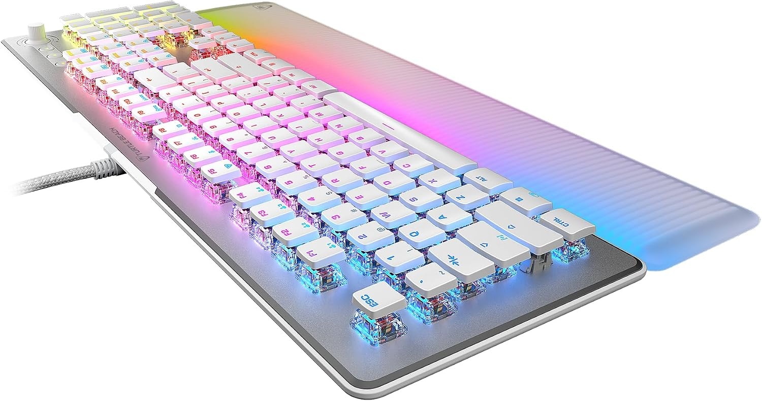 Turtle Beach Vulcan II Max Optisch-mechanisch pc-toetsenbord, aanpasbare RGB-verlichting, polssteun, lineaire Titan II-schakelaar, aluminium plaat, wit