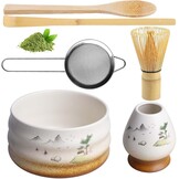 Matcha Thee Set 6-delig - Inclusief Keramische Matcha Kom 510 ml en Bamboe Accessoires - Bruin