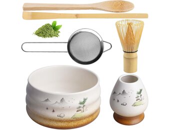 Matcha Thee Set 6-delig - Inclusief Keramische Matcha Kom 510 ml en Bamboe Accessoires - Bruin