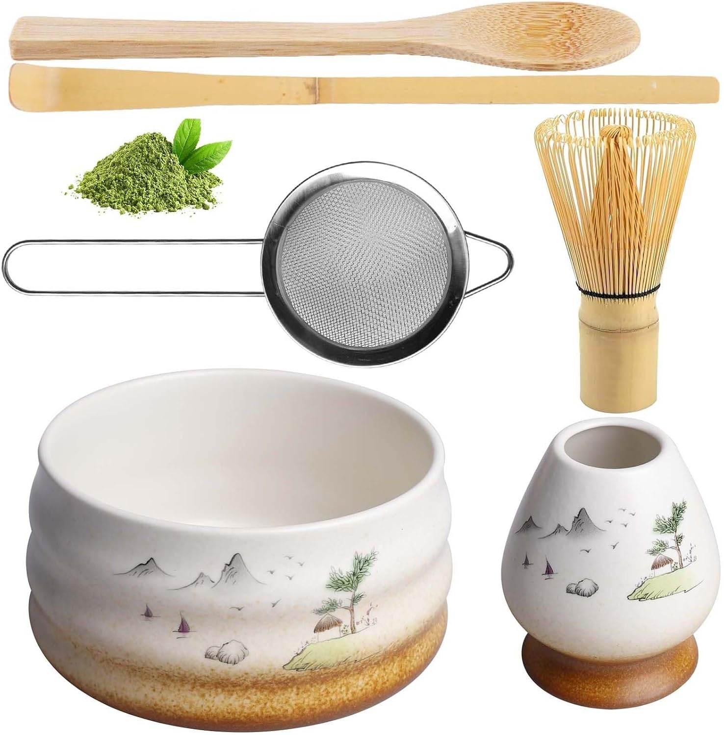 Matcha Thee Set 6-delig - Inclusief Keramische Matcha Kom 510 ml en Bamboe Accessoires - Bruin