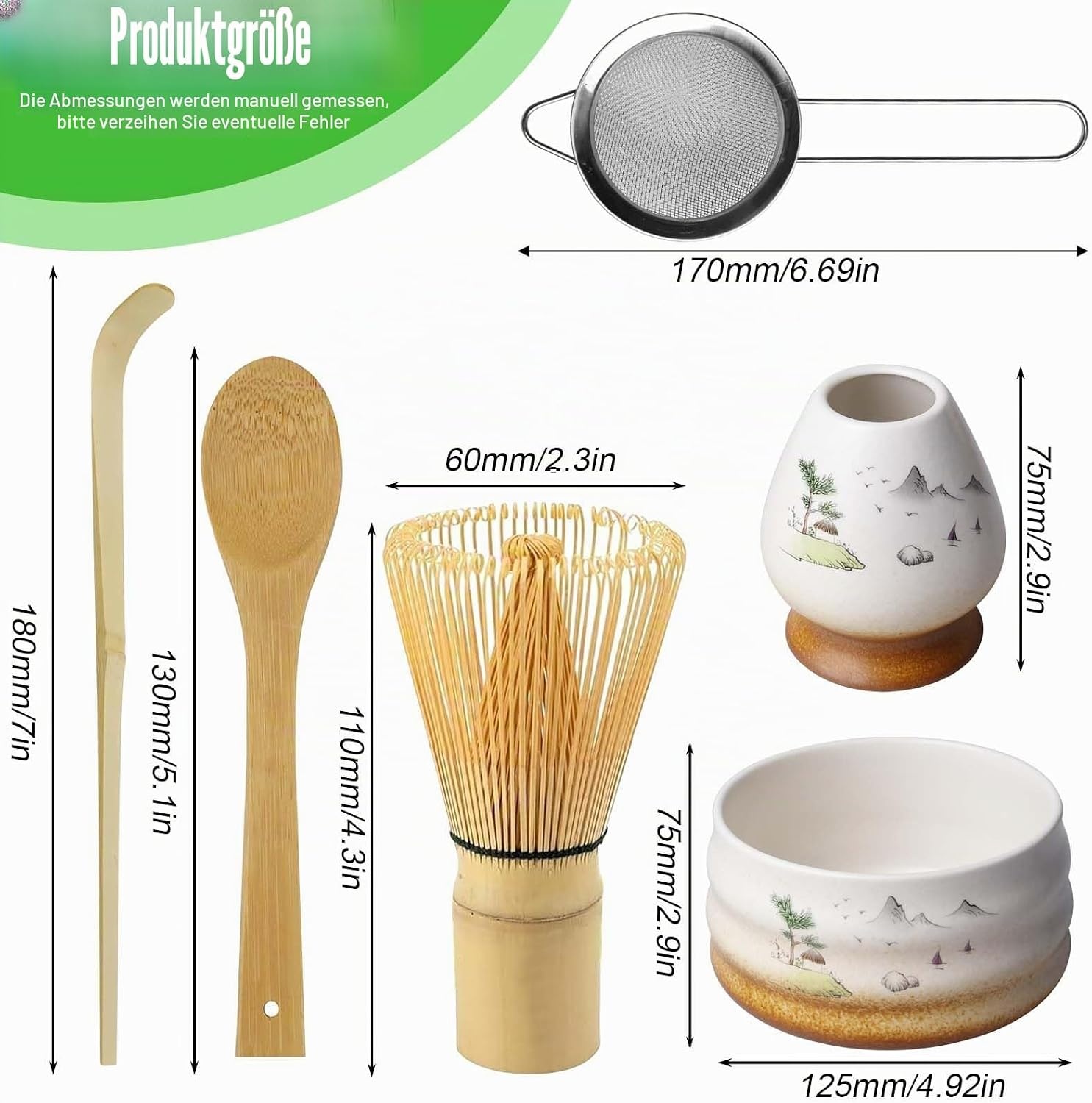 Matcha Thee Set 6-delig - Inclusief Keramische Matcha Kom 510 ml en Bamboe Accessoires - Bruin