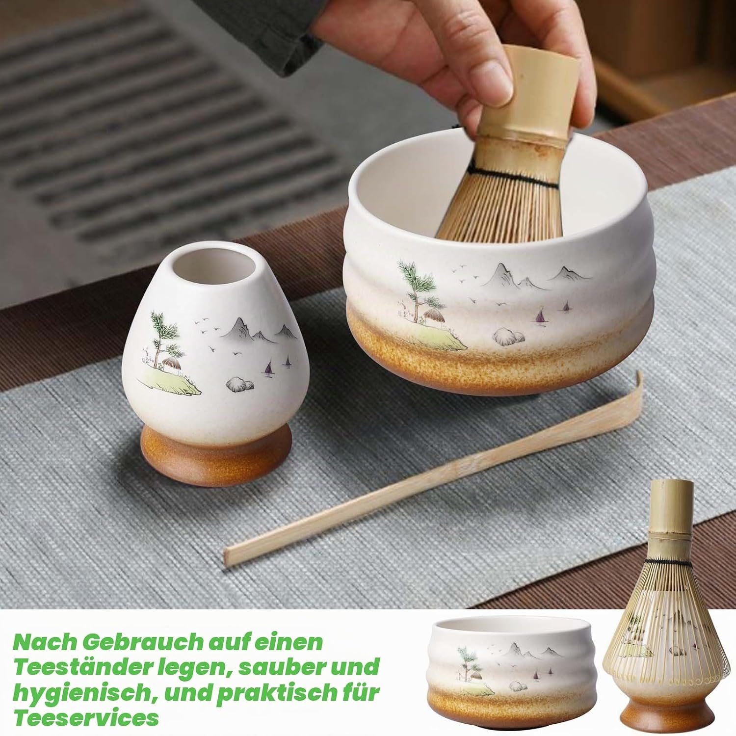Matcha Thee Set 6-delig - Inclusief Keramische Matcha Kom 510 ml en Bamboe Accessoires - Bruin