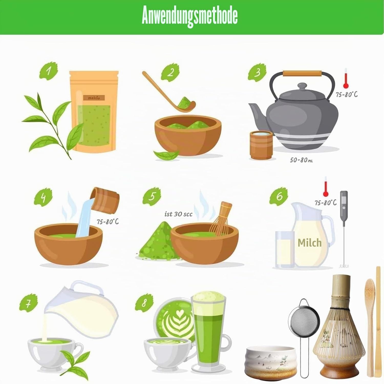 Matcha Thee Set 6-delig - Inclusief Keramische Matcha Kom 510 ml en Bamboe Accessoires - Bruin