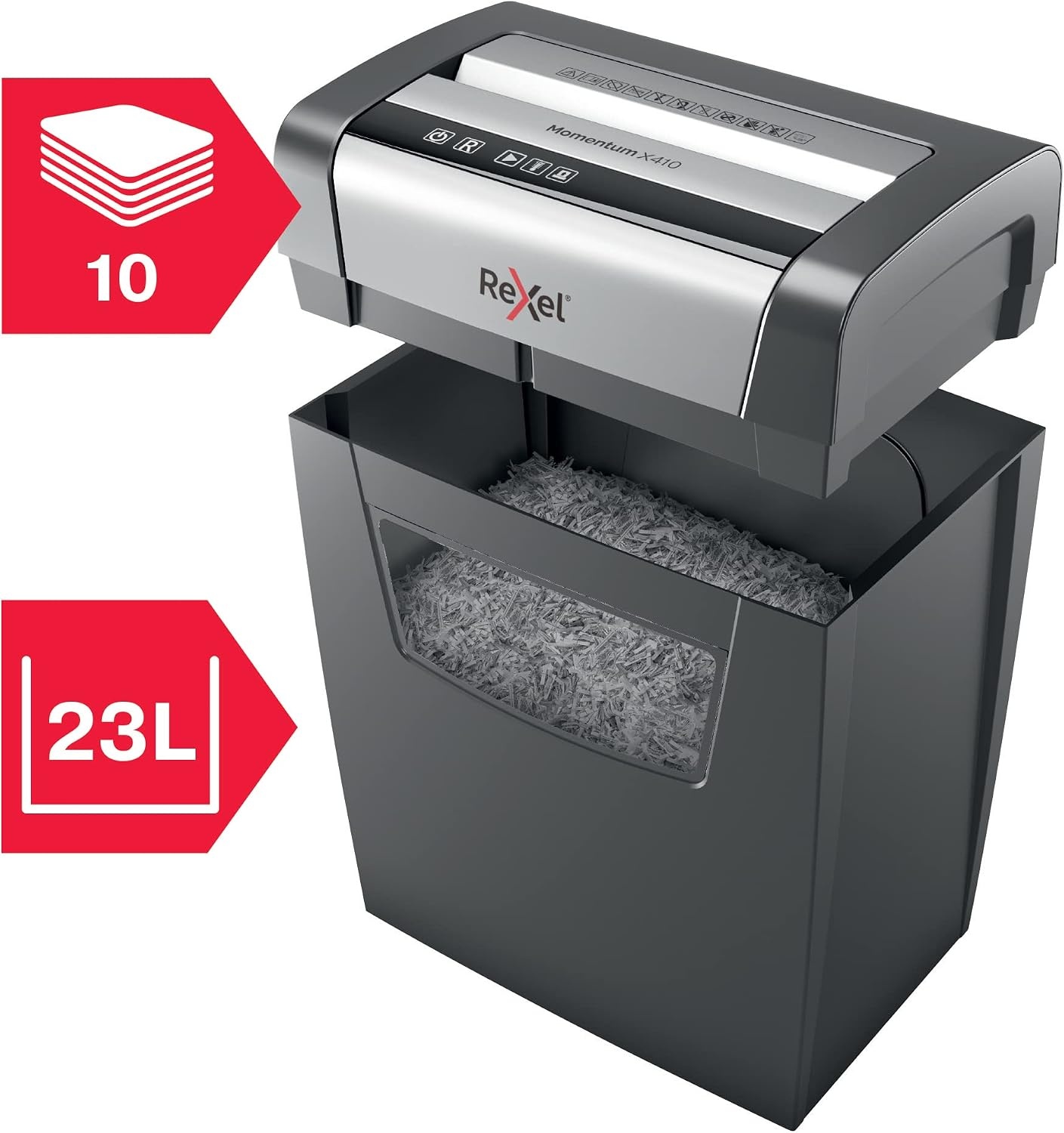 Rexel Momentum X410 Papiervernietiger, Cross Cut Snippers, Capaciteit 10 Vellen Papier, Veiligheidsniveau P-4, 23L Opvangbak (200 A4 Vellen), Zwart - Maat 356 x 423 x 238 mm