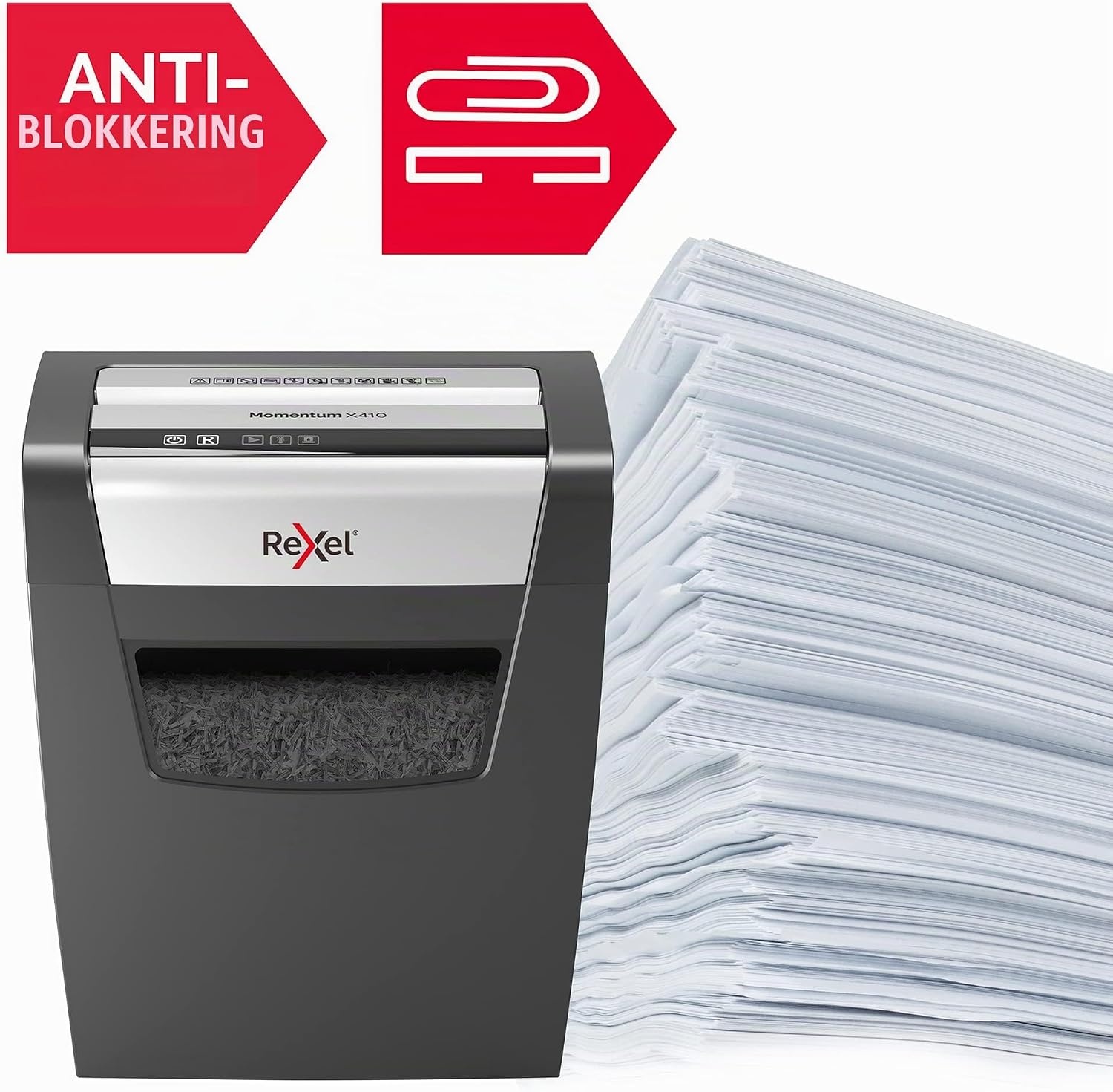 Rexel Momentum X410 Papiervernietiger, Cross Cut Snippers, Capaciteit 10 Vellen Papier, Veiligheidsniveau P-4, 23L Opvangbak (200 A4 Vellen), Zwart - Maat 356 x 423 x 238 mm