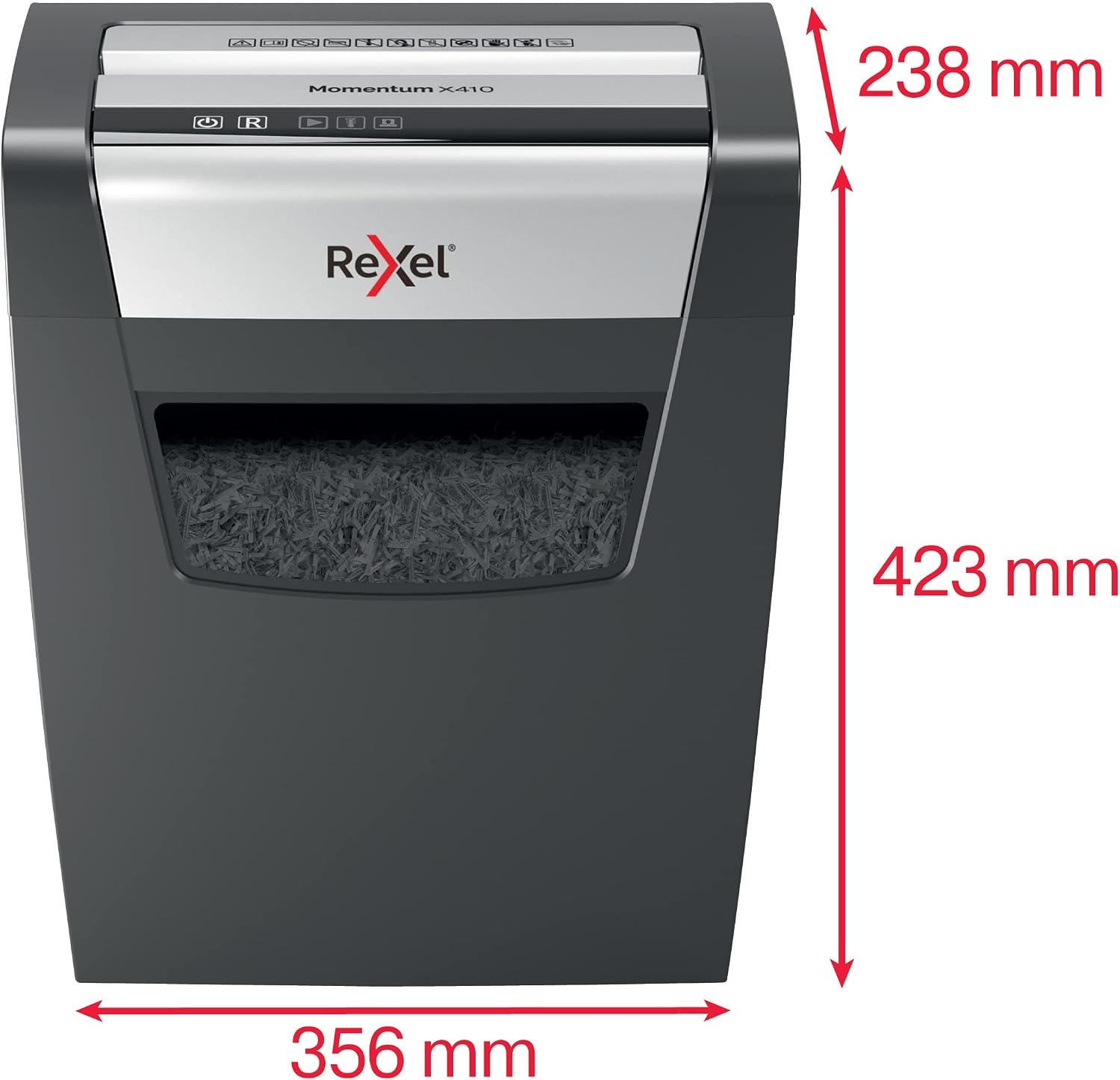 Rexel Momentum X410 Papiervernietiger, Cross Cut Snippers, Capaciteit 10 Vellen Papier, Veiligheidsniveau P-4, 23L Opvangbak (200 A4 Vellen), Zwart - Maat 356 x 423 x 238 mm