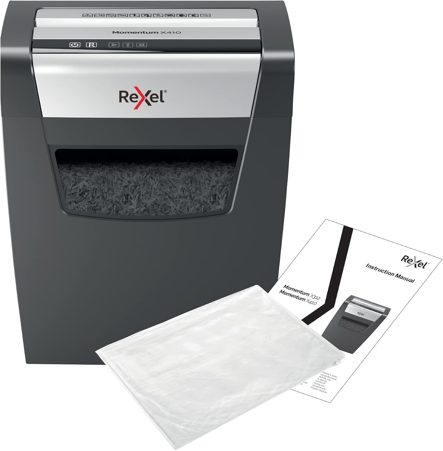 Rexel Momentum X410 Papiervernietiger, Cross Cut Snippers, Capaciteit 10 Vellen Papier, Veiligheidsniveau P-4, 23L Opvangbak (200 A4 Vellen), Zwart - Maat 356 x 423 x 238 mm