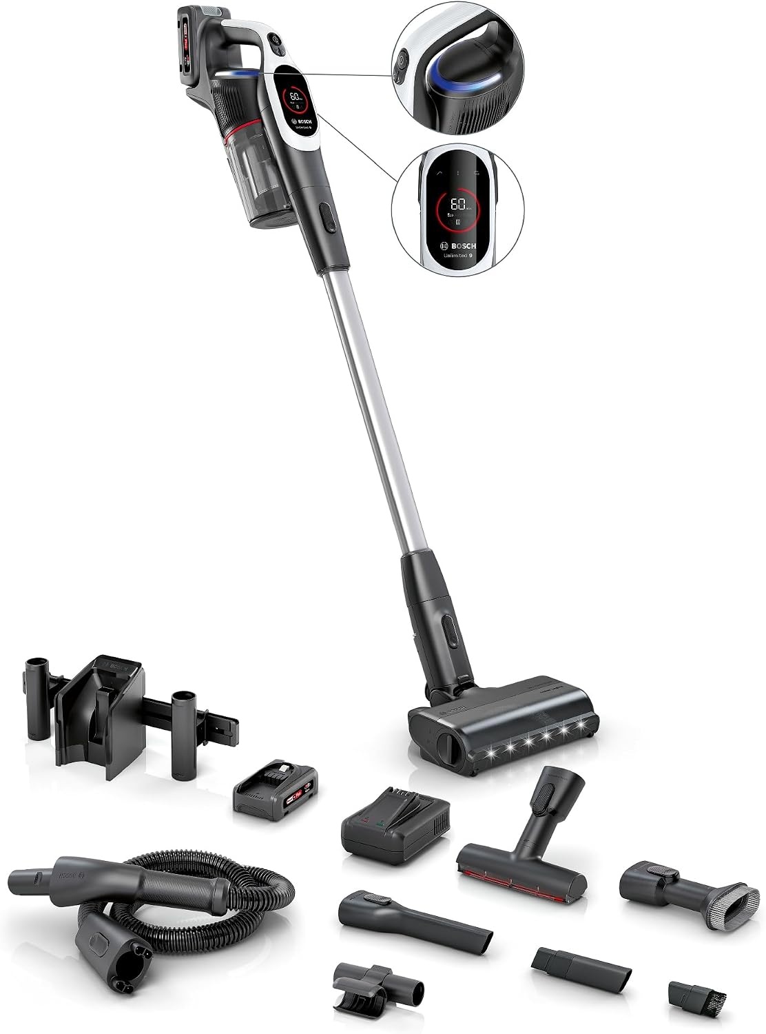 Bosch Unlimited 9 BTS942WQC, accustofzuiger, draadloos, MicroClean Technology, display, stofcompressie, HEPA-filtersysteem, 10 J. motorgarantie, 2 x 4 Ah accu, ledlicht, snellader, wit