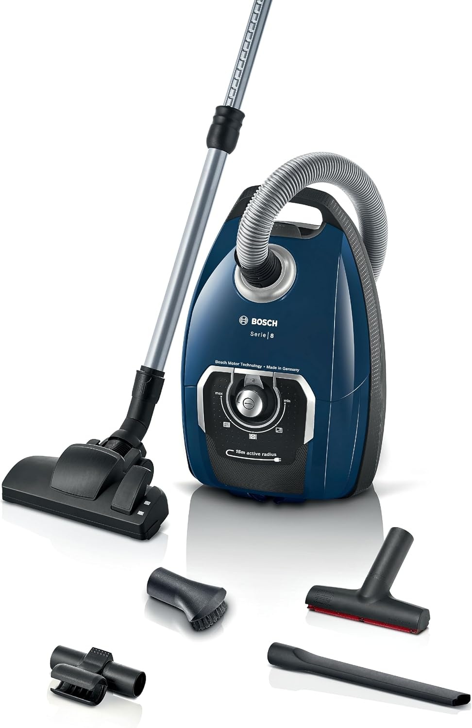 Bosch Vloerstofzuiger serie 8 BGL8XPER, met zak, UltraAllergy hygiënefilter voor mensen met allergieën, 10 jaar motorgarantie, XXL-meubelzuigmond, lang spleetmondstuk, blauw