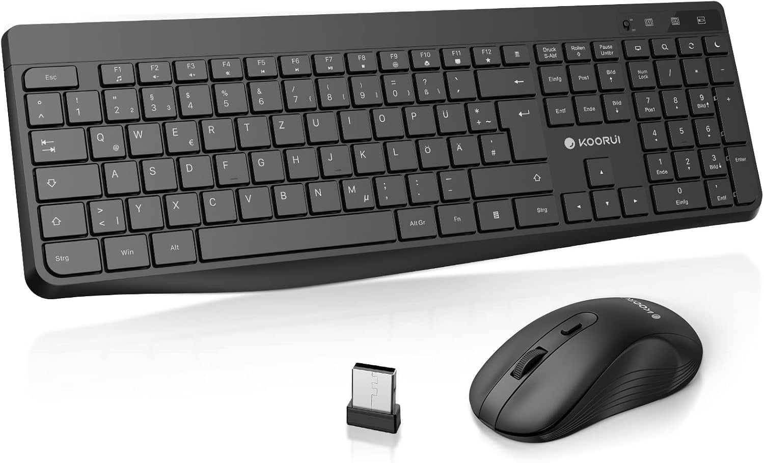 KOORUI Draadloos toetsenbord en muis, Duitse QWERTZ-lay-out, 12 functietoetsen, 2,4 GHz, stil toetsenbord voor Windows, MacOS, Linux, zwart
