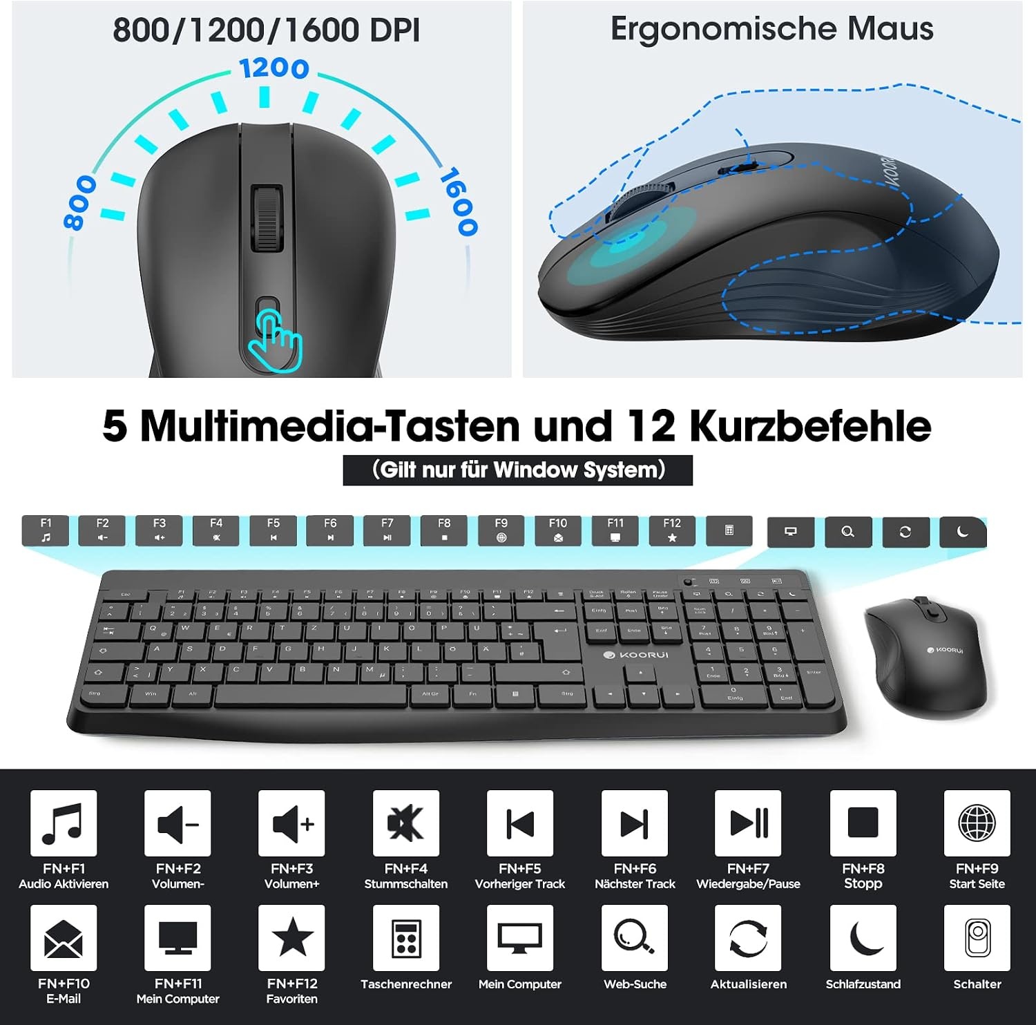 KOORUI Draadloos toetsenbord en muis, Duitse QWERTZ-lay-out, 12 functietoetsen, 2,4 GHz, stil toetsenbord voor Windows, MacOS, Linux, zwart