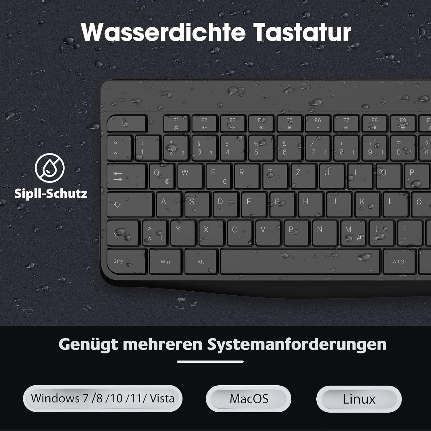 KOORUI Draadloos toetsenbord en muis, Duitse QWERTZ-lay-out, 12 functietoetsen, 2,4 GHz, stil toetsenbord voor Windows, MacOS, Linux, zwart