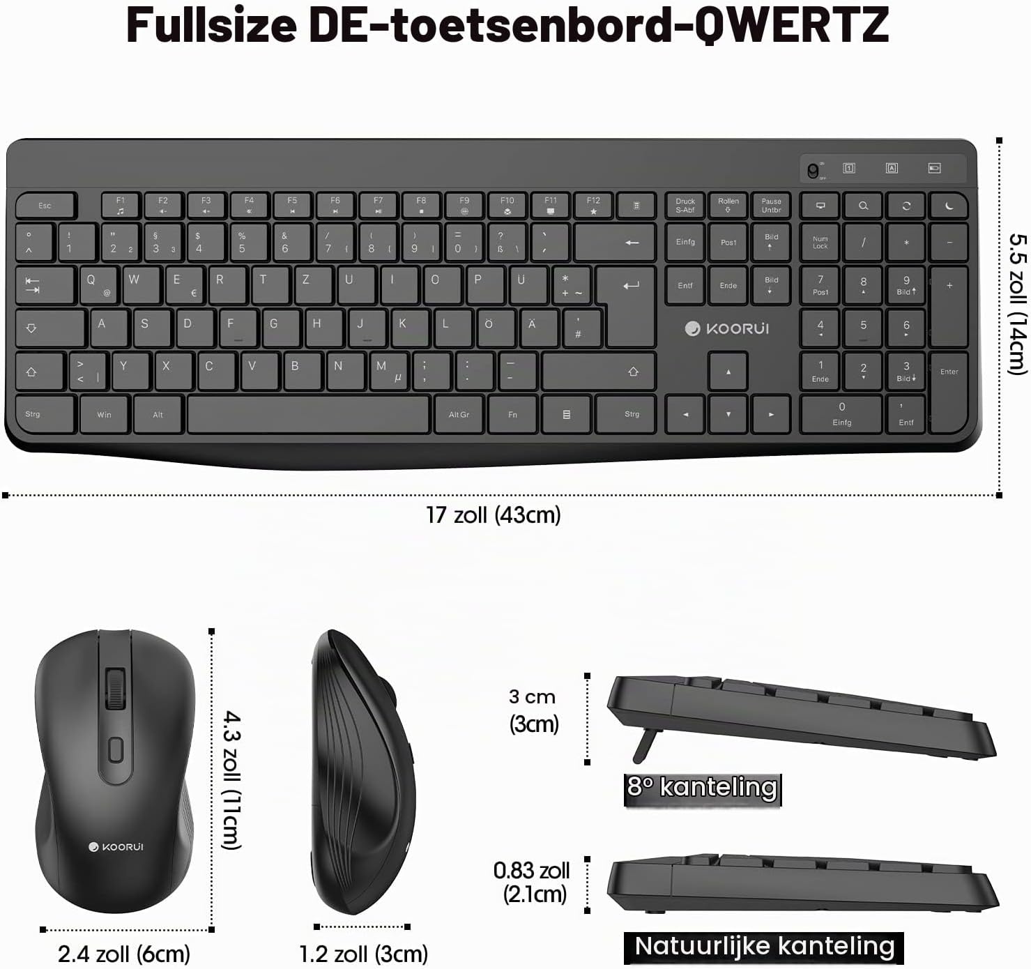 KOORUI Draadloos toetsenbord en muis, Duitse QWERTZ-lay-out, 12 functietoetsen, 2,4 GHz, stil toetsenbord voor Windows, MacOS, Linux, zwart