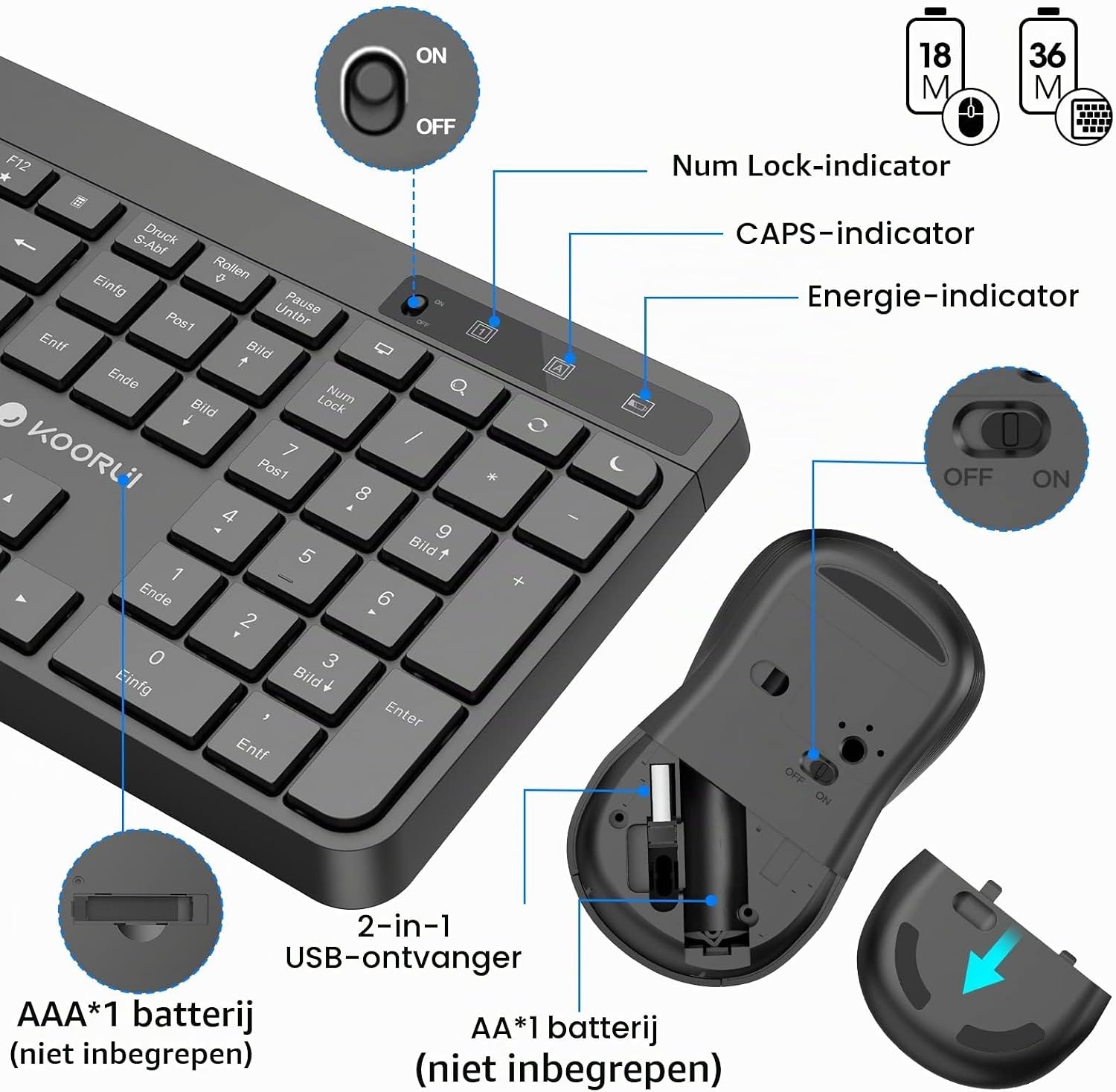 KOORUI Draadloos toetsenbord en muis, Duitse QWERTZ-lay-out, 12 functietoetsen, 2,4 GHz, stil toetsenbord voor Windows, MacOS, Linux, zwart