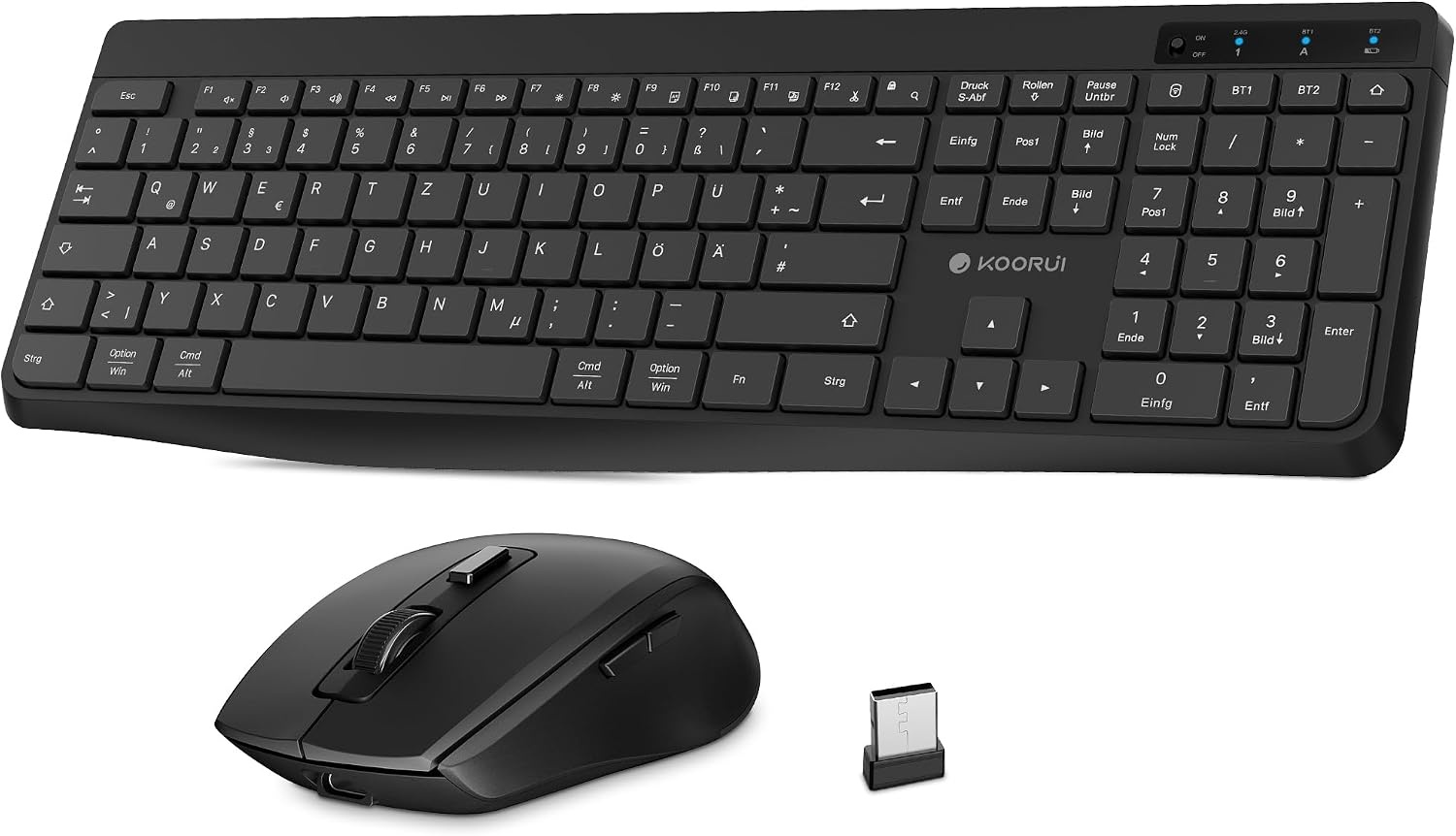 KOORUI Draadloos toetsenbord en muis, Duitse QWERTZ-lay-out, 12 functietoetsen, 2,4 GHz, stil toetsenbord voor Windows, MacOS, Linux, zwart