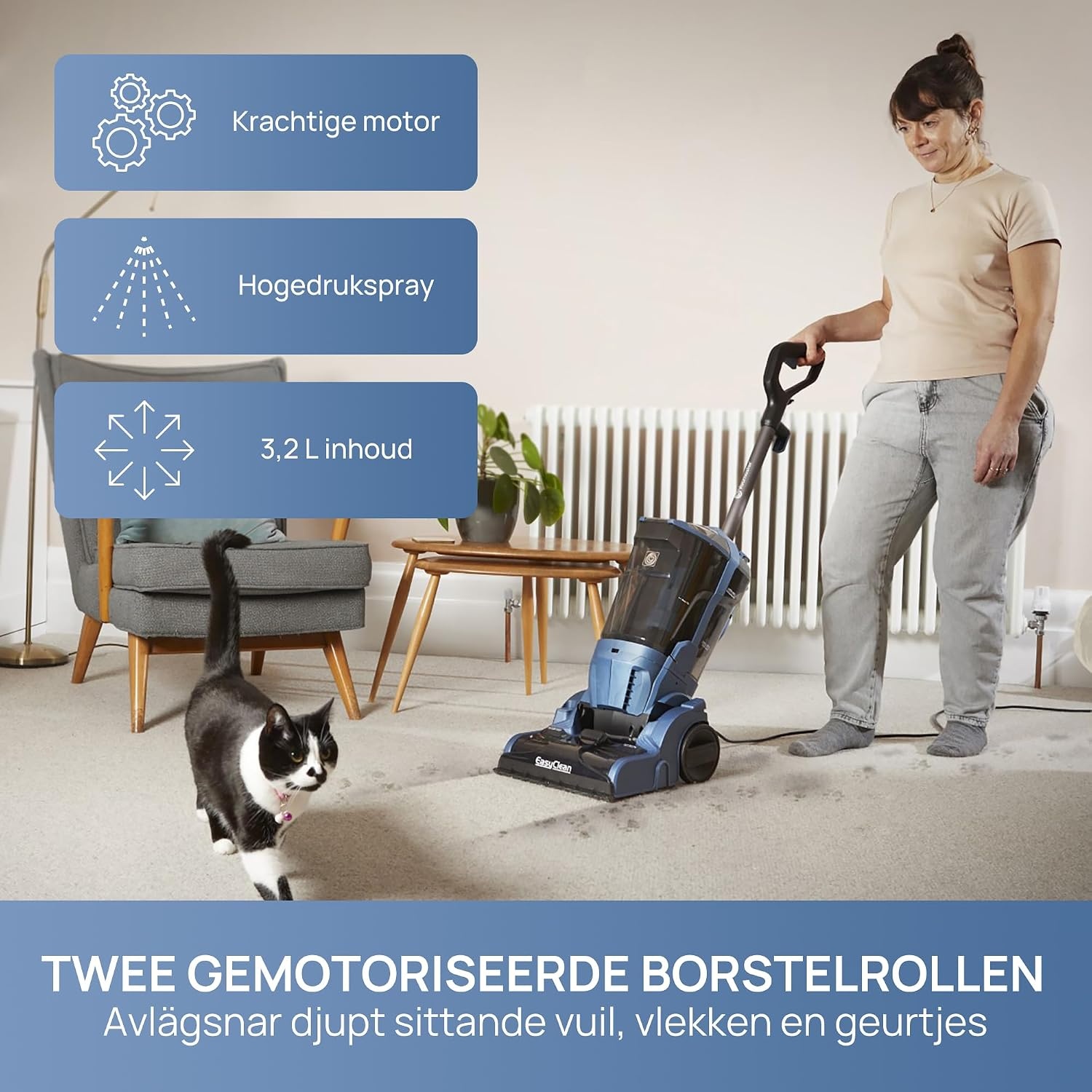 Vacmaster Tapijtreiniger met dubbele borstelrollen, krachtige 750 W-motor, groot reinigingsoppervlak, ideaal voor tapijten, trappen, bekleding en dierenharen, sneldrogend, 16 kpa