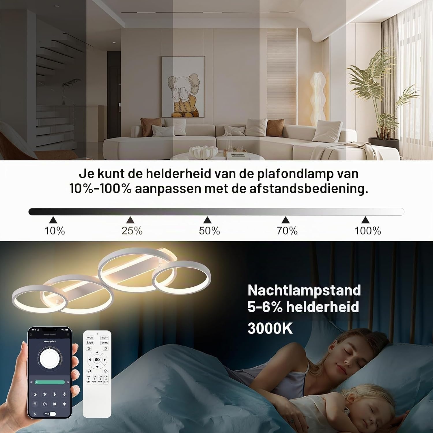 Moderne LED Plafondlamp 48W - Dimbare Ringlamp 86cm met Afstandsbediening & App (34% Korting)