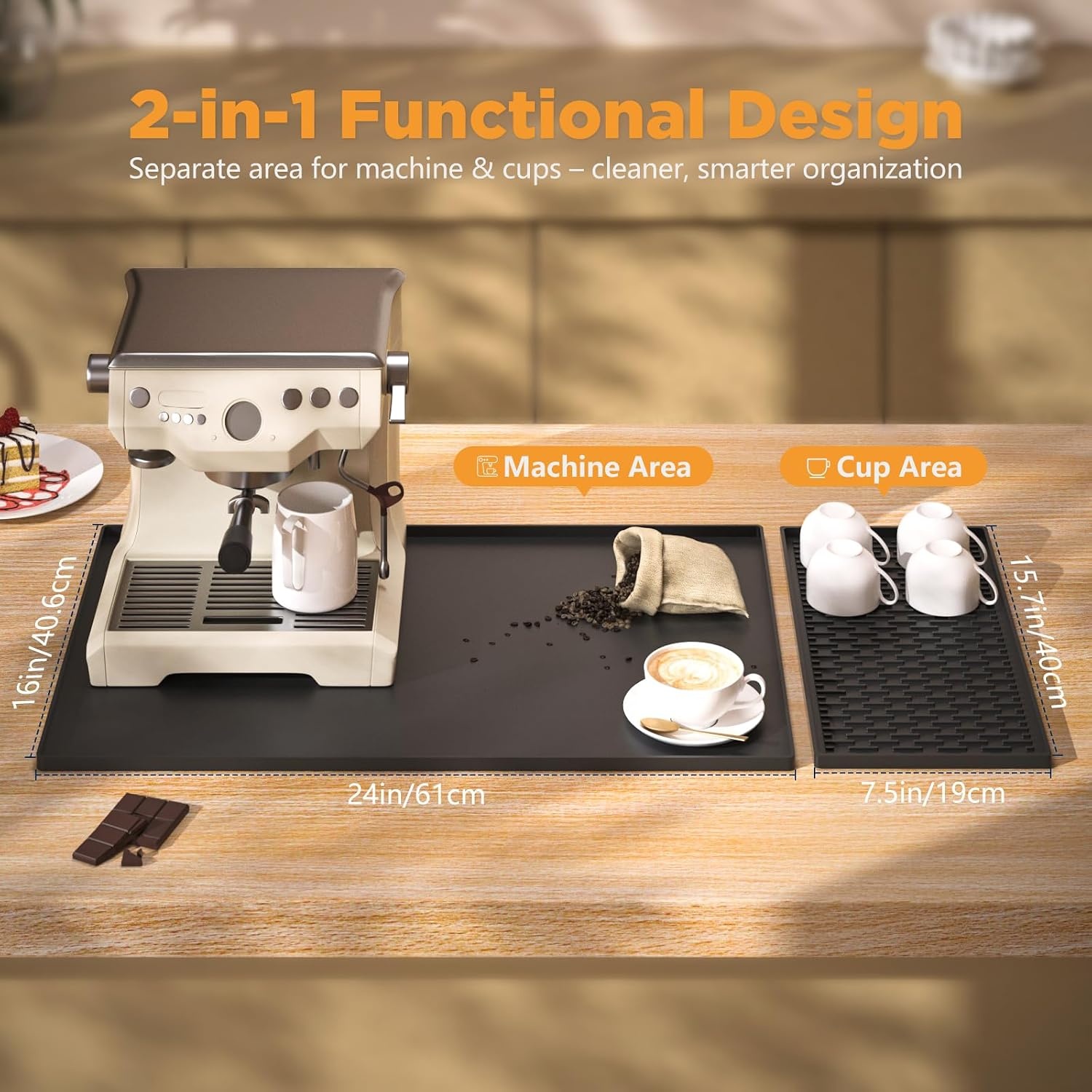 Koffiezetmachineonderlegger van siliconen, antislip en hittebestendig voor volautomatische koffiemachine, 60 × 40 cm, siliconen mat met rand, vaatwasmachinebestendig, BPA-vrij, compatibel met