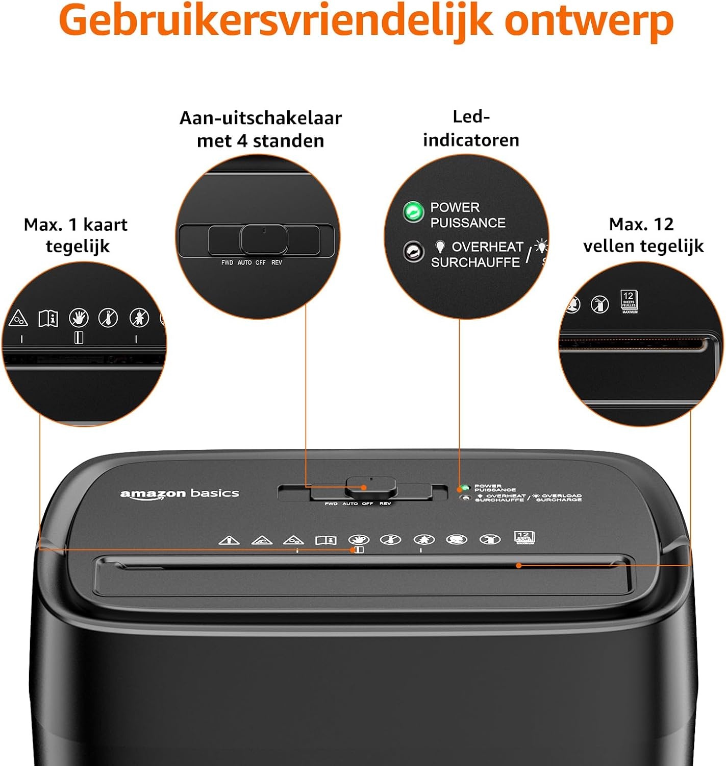 Amazon Basics Papiervernietiger met dwarsdoorsnede voor 12 vellen, voor papier, cd's en creditcards, shredder (nieuw model, zwart)