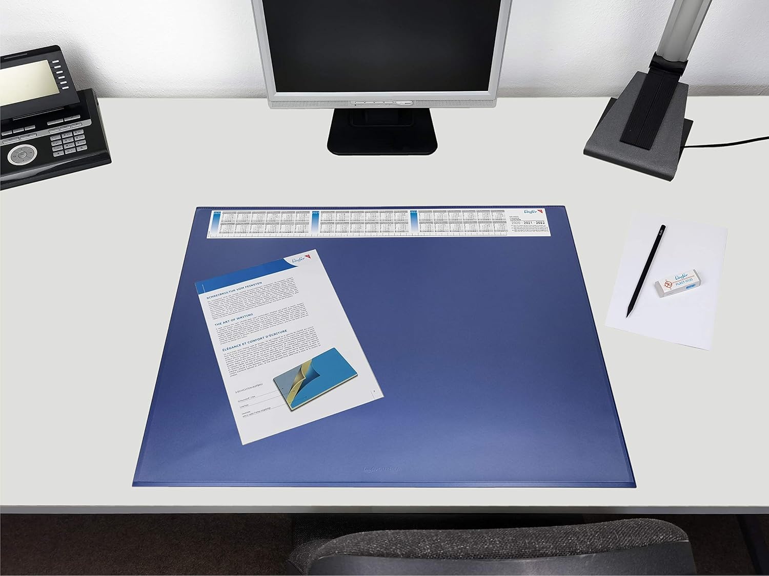 Läufer 44655 Durella DS Bureauonderlegger met transparante pad en kalender, antislip onderlegger, 52 x 65 cm, blauw