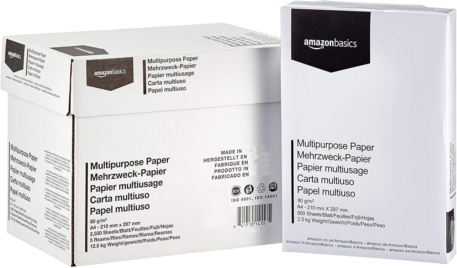 Amazon Basics Printerpapier, DIN A4, 80 g/m², 2500 stuks, 5 verpakkingen van 500, wit