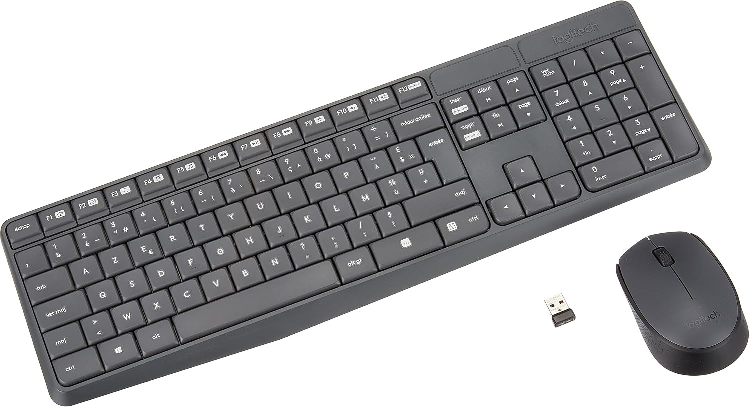 Logitech MK235 Draadloos Toetsenbord- en Muiscombinatie voor Windows, 2,4 GHz Wireless Unifying USB-Ontvanger, 15 FN-Toetsen, Lange Batterijduur, PC, Laptop, Frans AZERTY indeling - Grijs