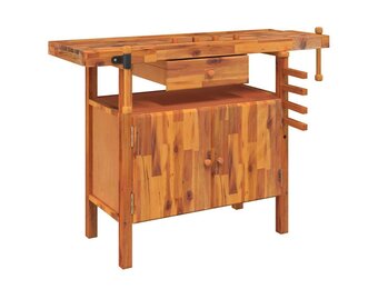 Werkbank massief acaciahout met lade & bankschroef - 124x52x83 cm (35% korting)