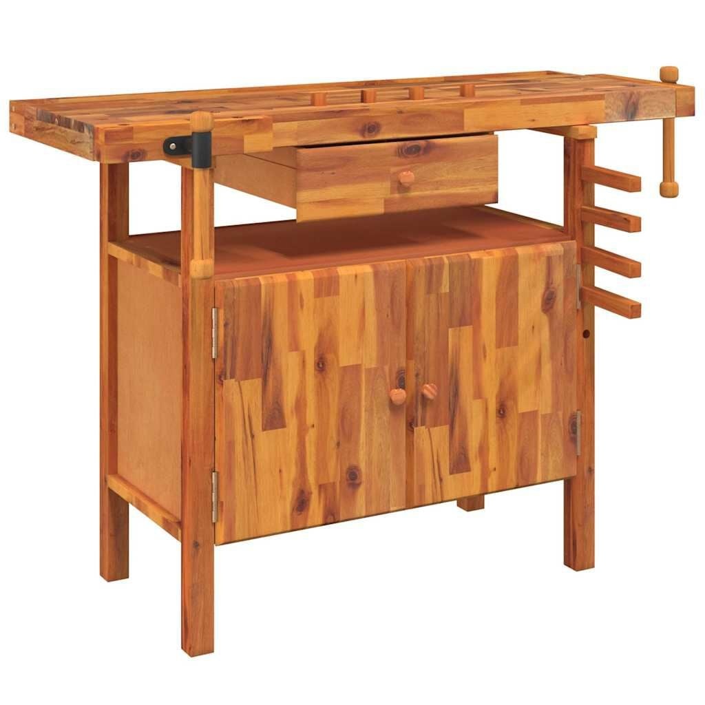 Werkbank massief acaciahout met lade & bankschroef - 124x52x83 cm (35% korting)