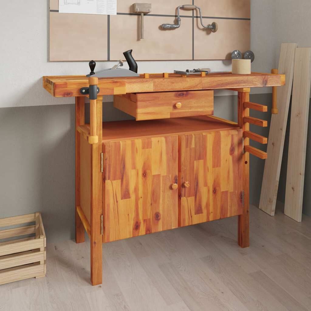 Werkbank massief acaciahout met lade & bankschroef - 124x52x83 cm (35% korting)