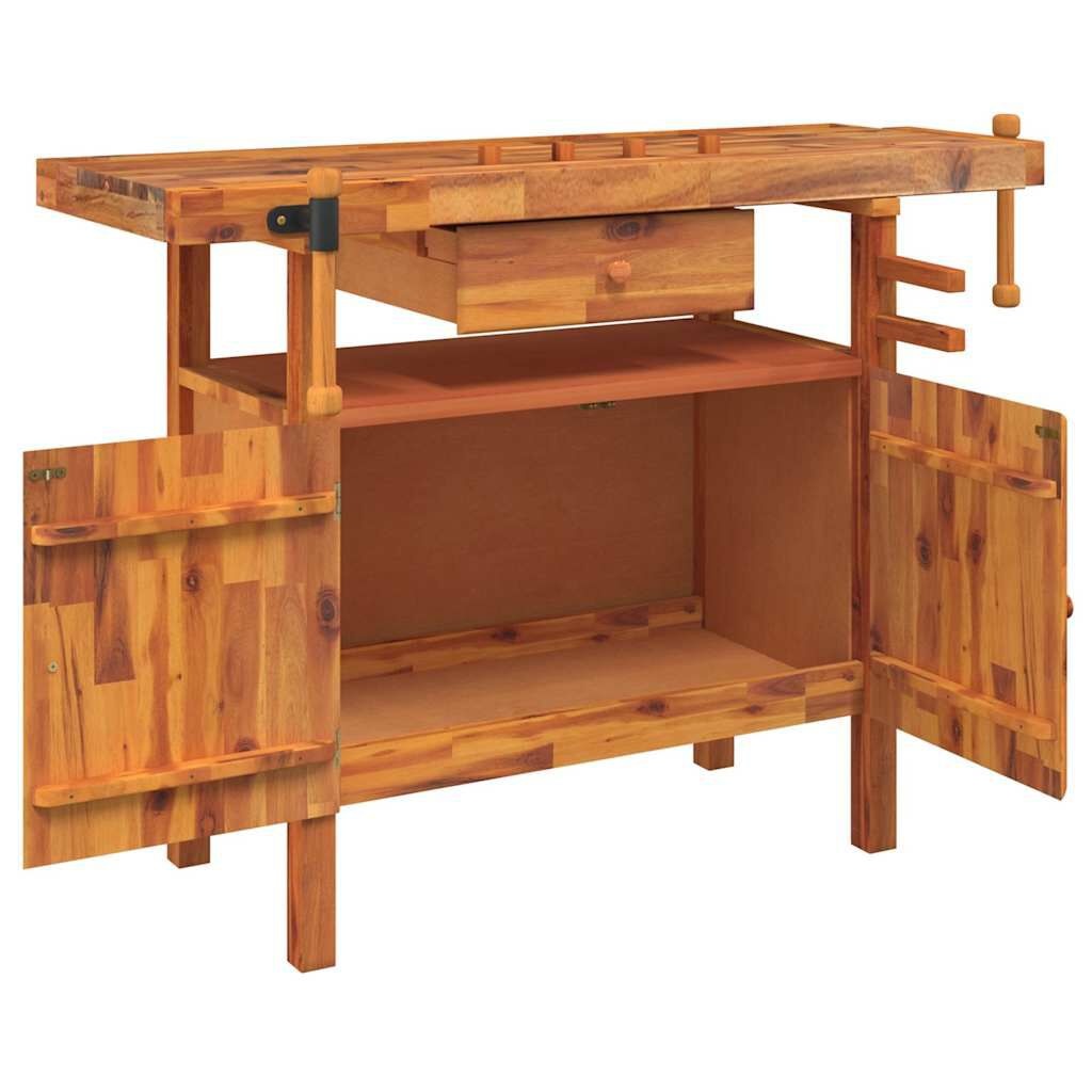 Werkbank massief acaciahout met lade & bankschroef - 124x52x83 cm (35% korting)