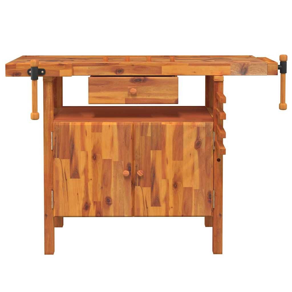 Werkbank massief acaciahout met lade & bankschroef - 124x52x83 cm (35% korting)